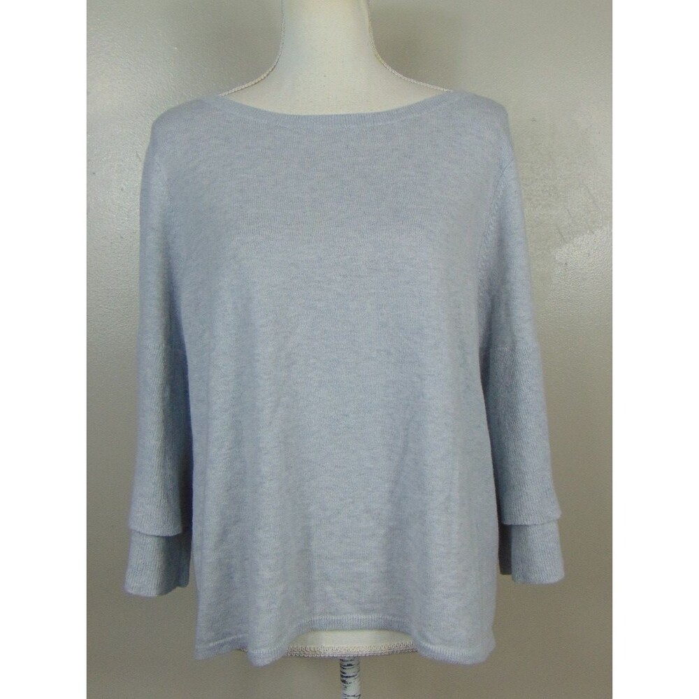 Garnet Hill Sweater Size Large Gray Fine Merino Wool Blend Knit Bell Sleeve